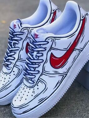 Nike Men’s White Sneakers with Red Swoosh - Sketch Outline Style